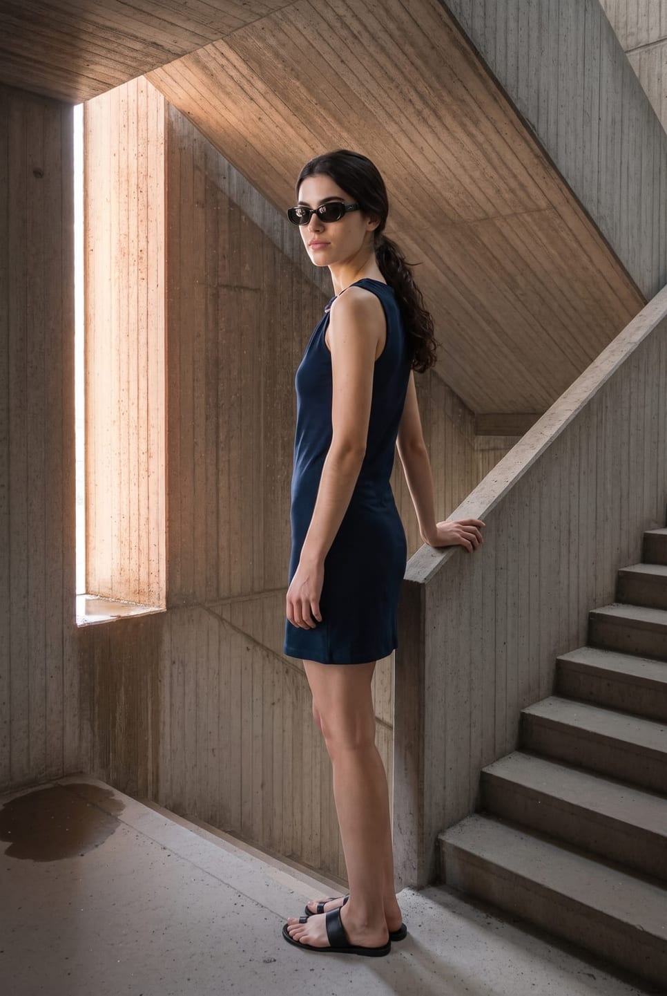 The same synthetic talent on a timber-lined stair landing in warm afternoon light — not a real person
