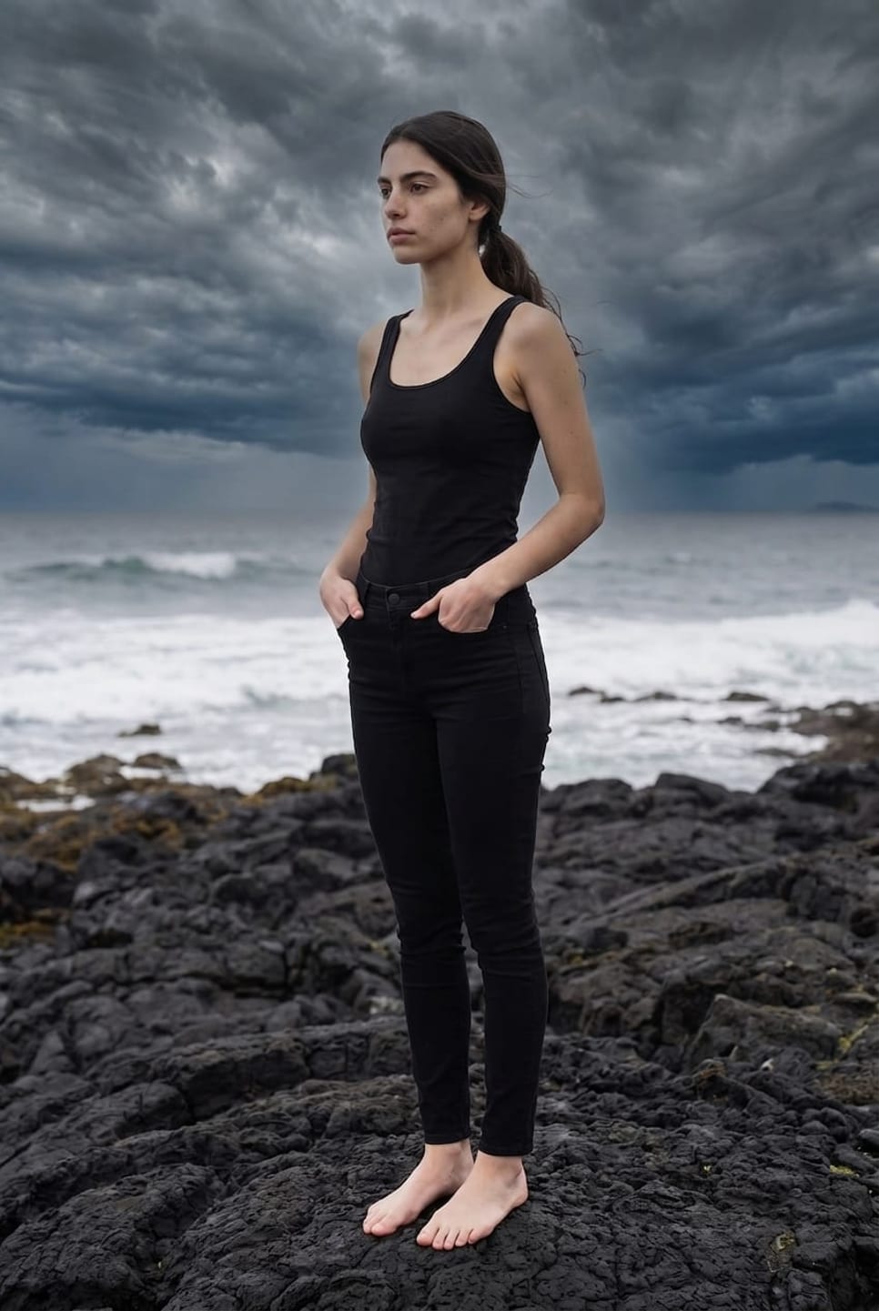 The same synthetic talent on the shore under heavy storm cloud — not a real person