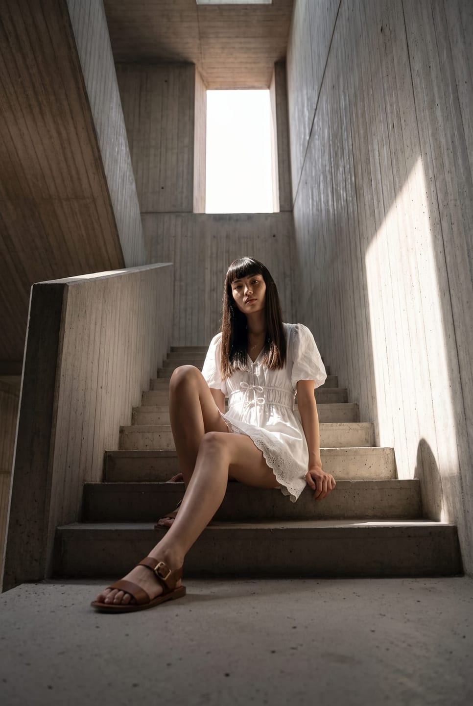 Synthetic talent in a white cotton dress, seated on concrete stairs in a brutalist stairwell — not a real person