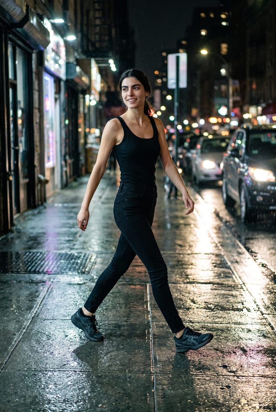 The same synthetic talent walking a wet city street at night, shopfront light on the pavement — not a real person