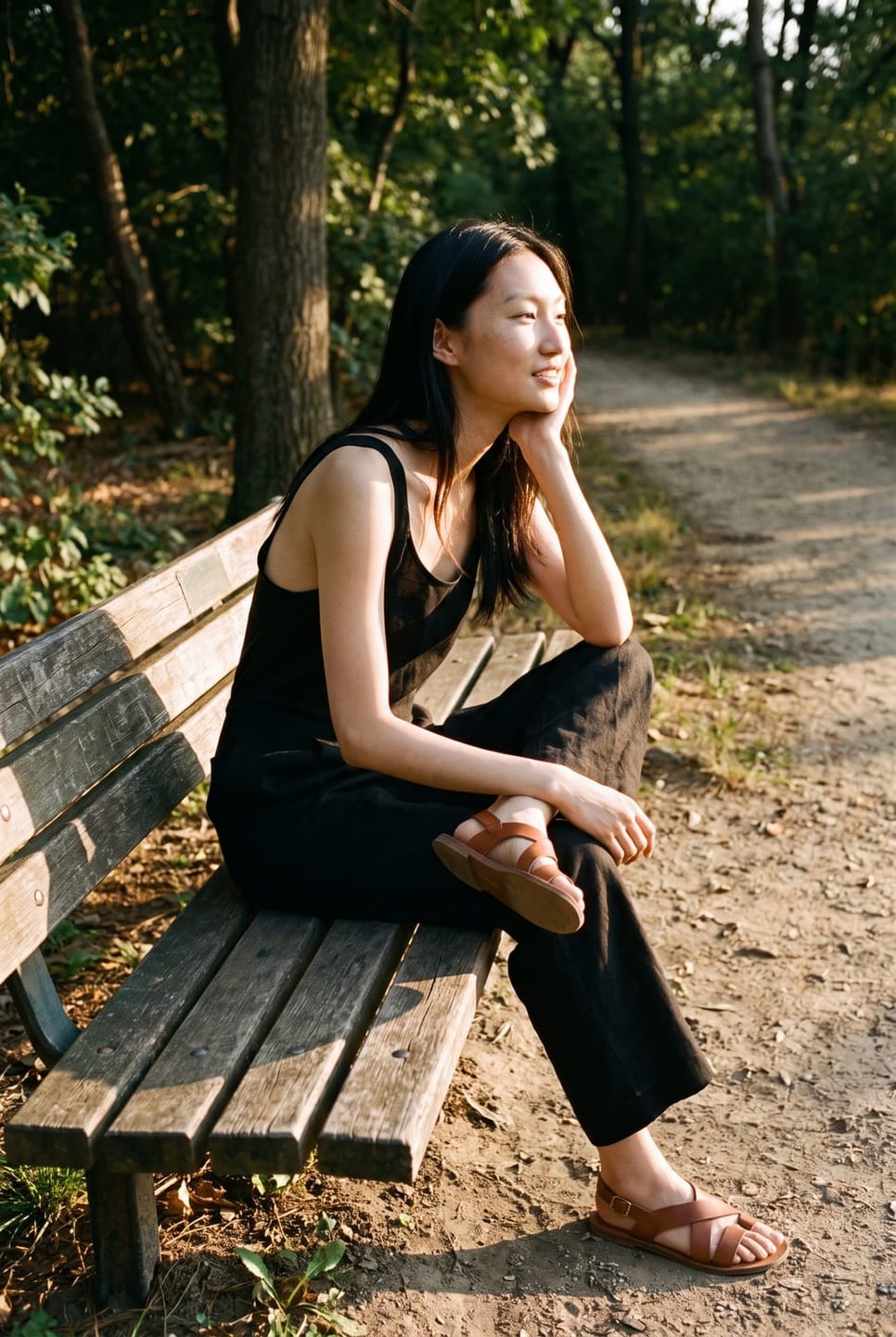 Synthetic talent seated on a woodland bench in low afternoon sun — not a real person